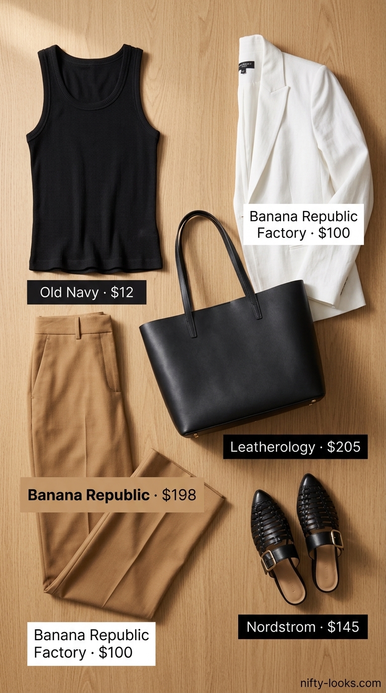 Minimalist summer basic outfit women 2026: Camel trousers, white blazer, black tank, mules.