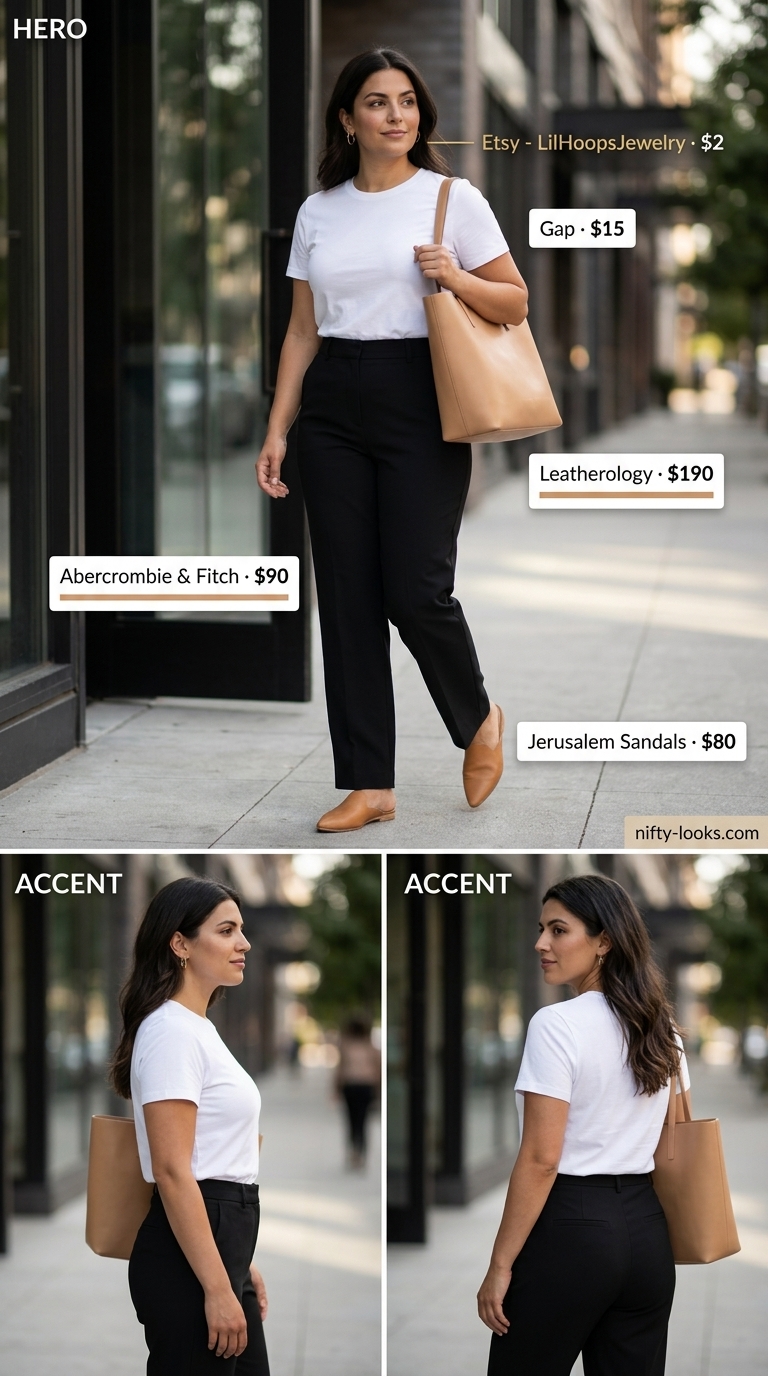 Minimalist summer basic outfit women 2026: Black trousers, white tee, tan tote, leather mules.