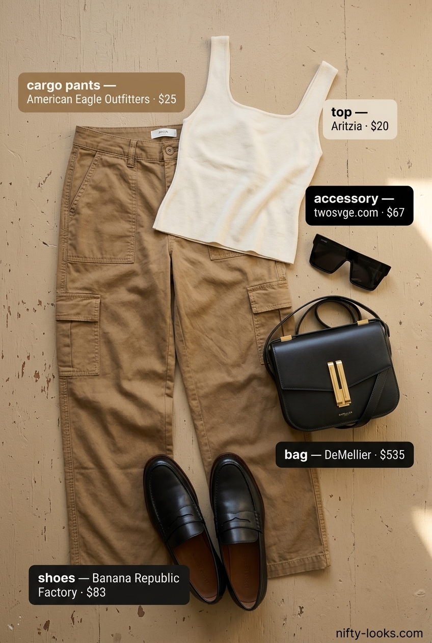 Neutral quiet luxury summer outfits for women 2026: Camel cargo pants, cream tank top, black loafers, black bag, black sunglasses.