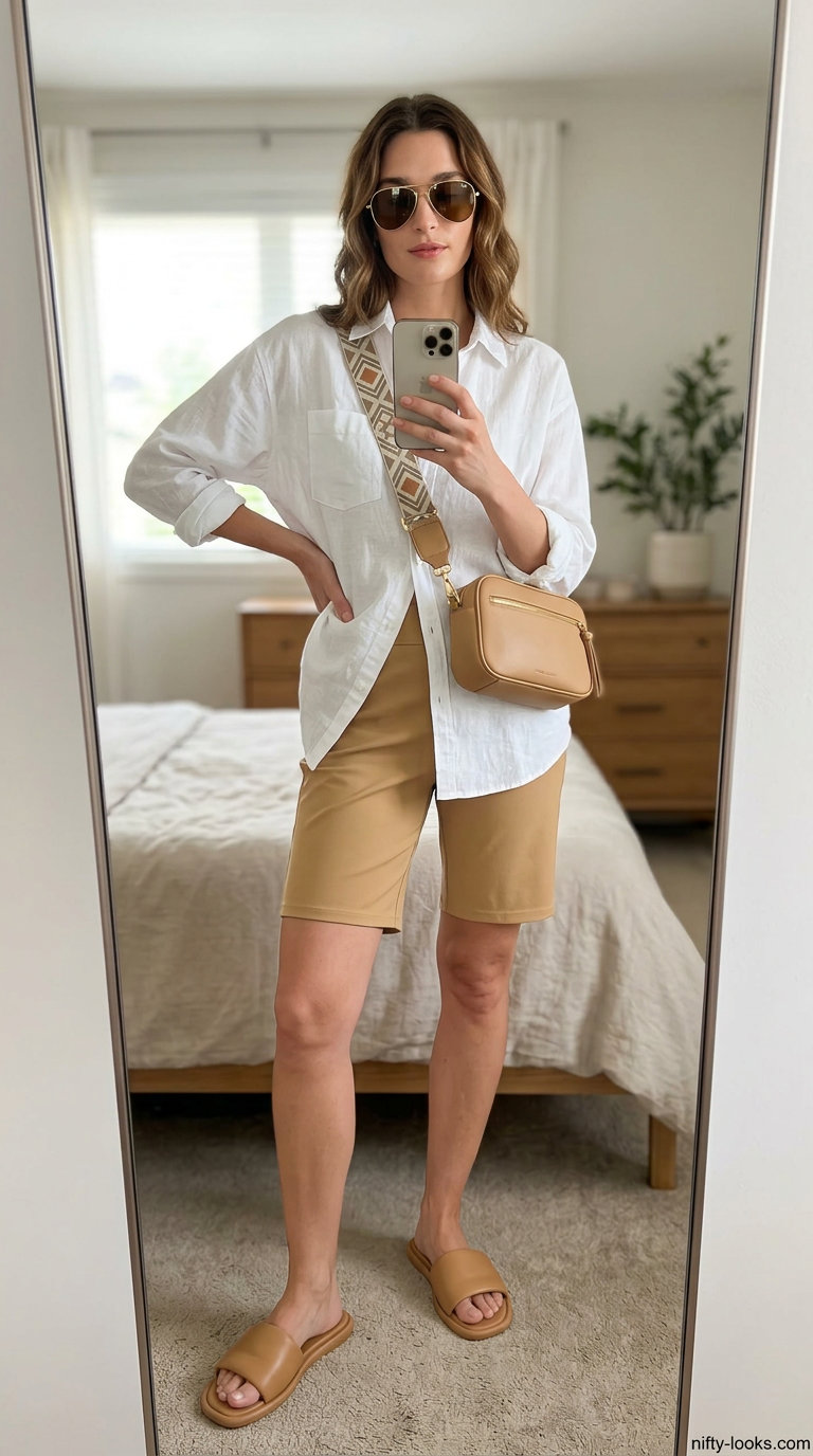 Neutral quiet luxury summer outfits for women 2026: Camel shorts, white linen shirt, aviators, leather slides.