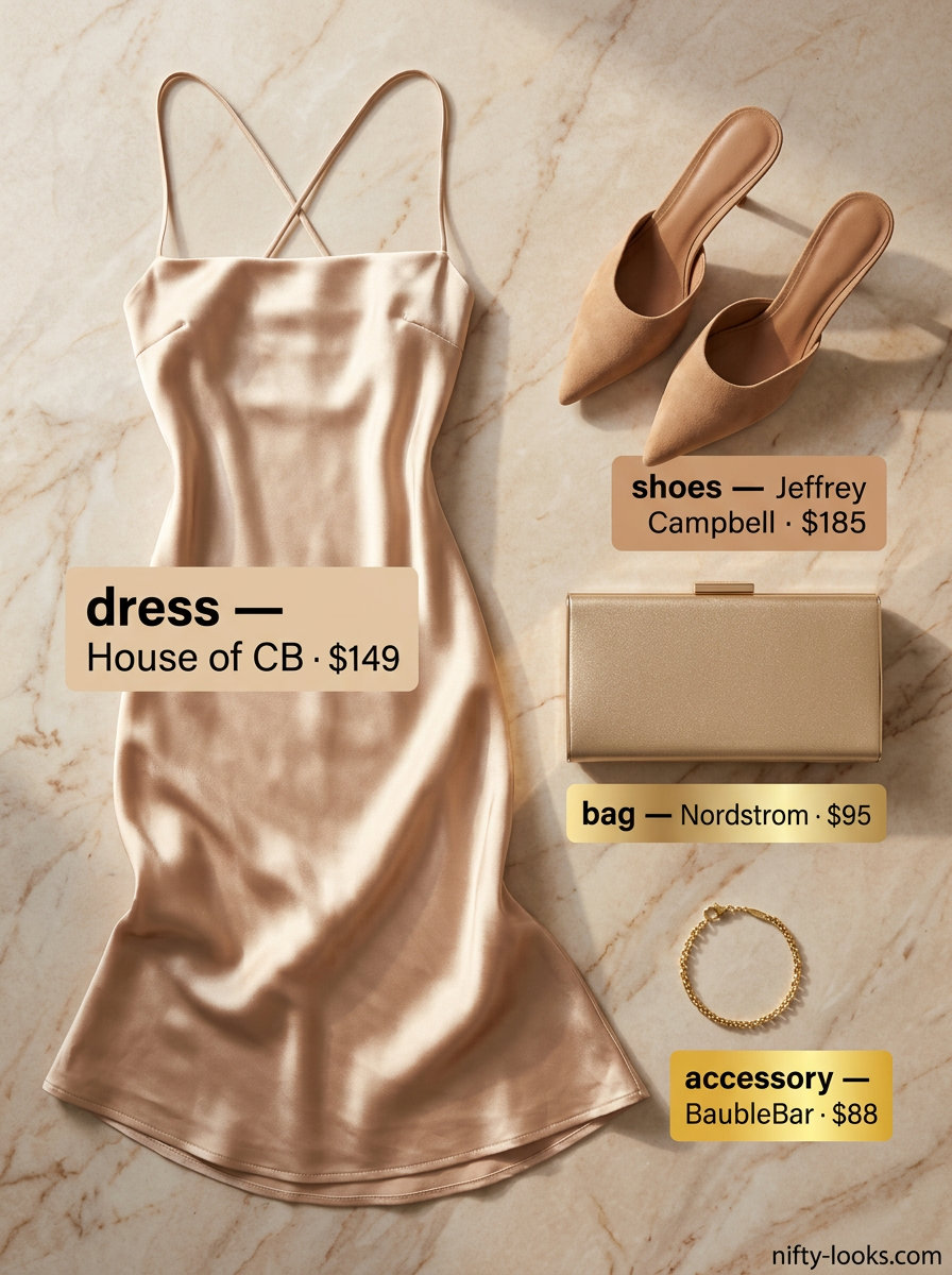 Neutral quiet luxury summer outfits for women 2026: Champagne slip dress, nude mules, gold bracelet, envelope clutch.