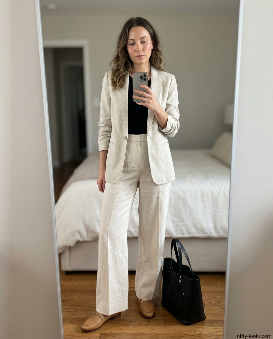 Neutral quiet luxury summer outfits for women 2026: Cream wide-leg trousers, black knit tank, beige blazer, loafers.