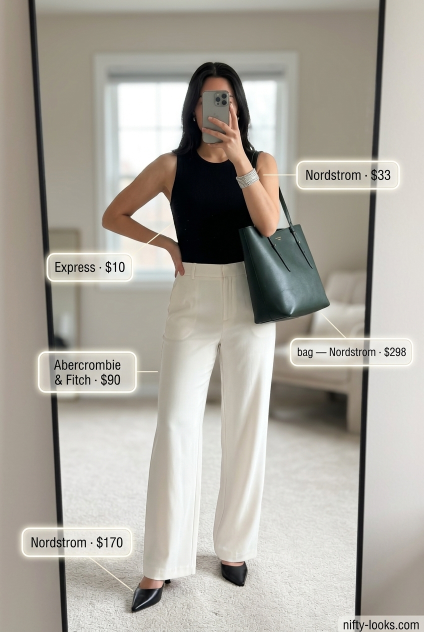 Neutral quiet luxury summer outfits for women 2026: Cream wide-leg pants, black sleeveless top, black mules, silver bracelet.