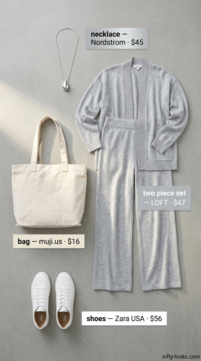 Neutral quiet luxury summer outfits for women 2026: Light grey knit set, white sneakers, silver necklace, canvas tote.