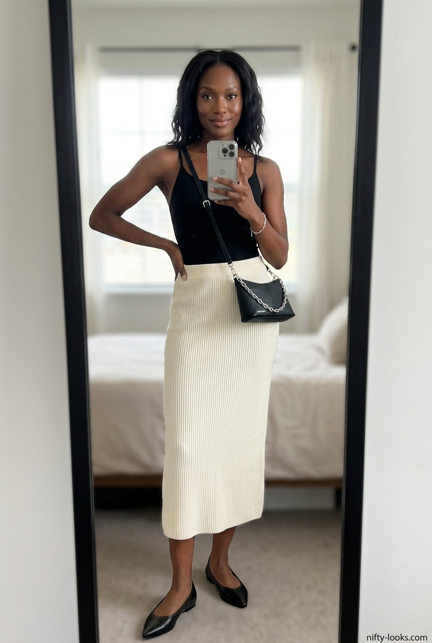 Neutral quiet luxury summer outfits for women 2026: Ivory knit midi skirt, black bodysuit, black flats, silver chain bag.