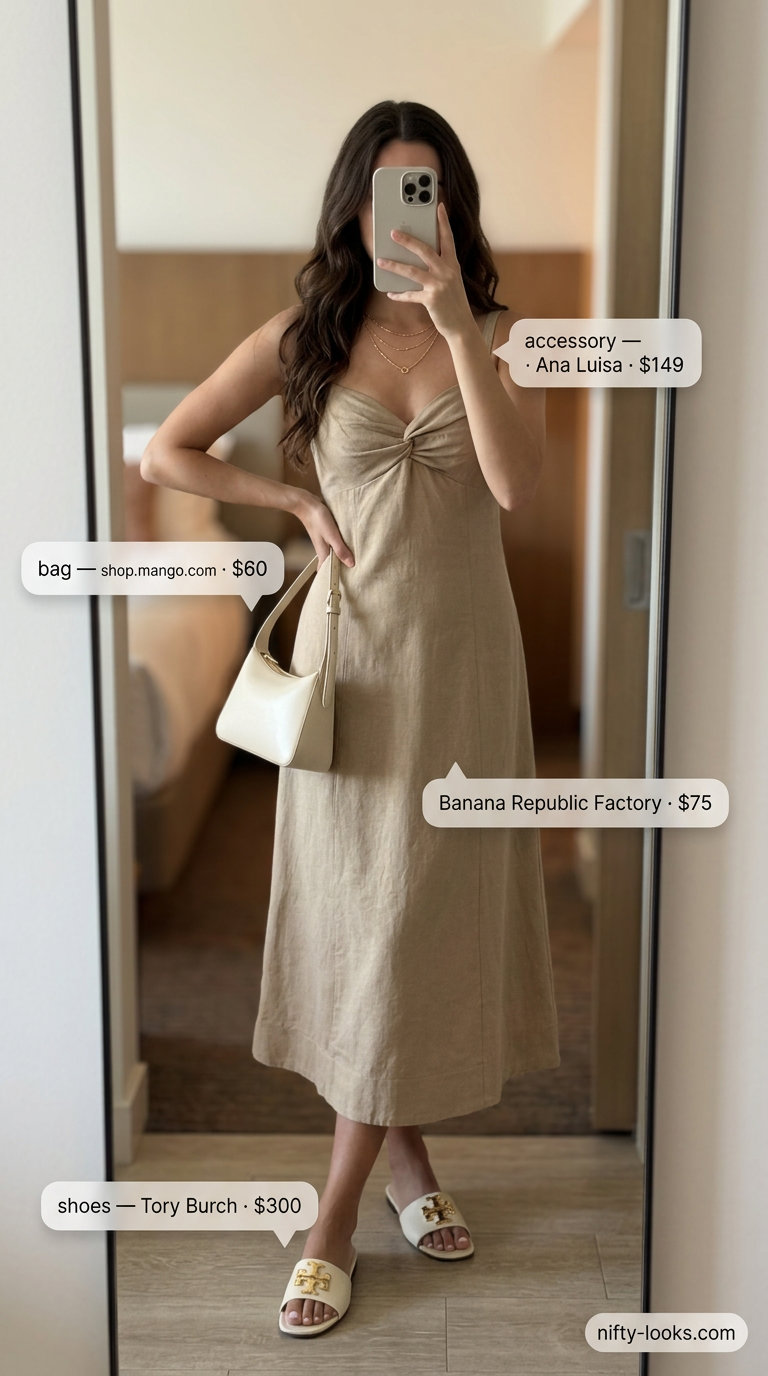 Neutral quiet luxury summer outfit: Beige linen midi dress, cream slides, gold jewelry. Perfect for vacation.