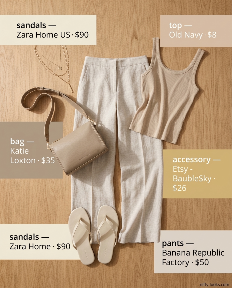 Ecru linen pants, cream tank, beige sandals. Minimalist neutral quiet luxury summer outfits for women 2026.