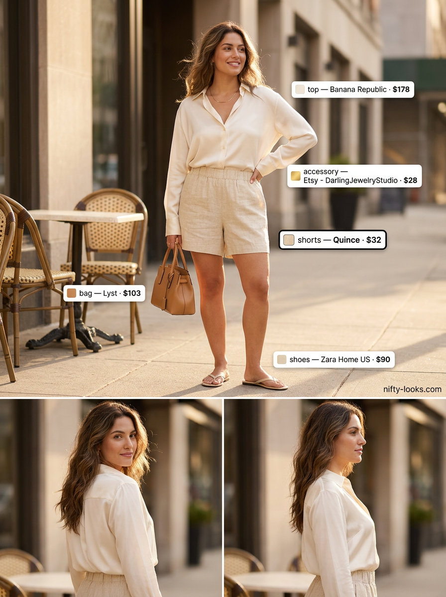 Camel linen shorts, ivory silk blouse, beige sandals. Chic neutral quiet luxury summer outfits for women 2026.