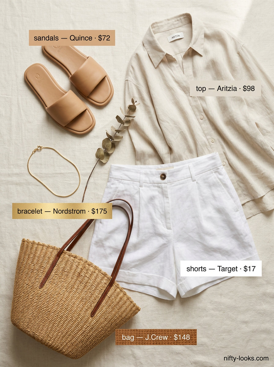 Neutral quiet luxury summer outfits for women 2026: White linen shorts, ecru oversized shirt, tan slides, gold bracelet.