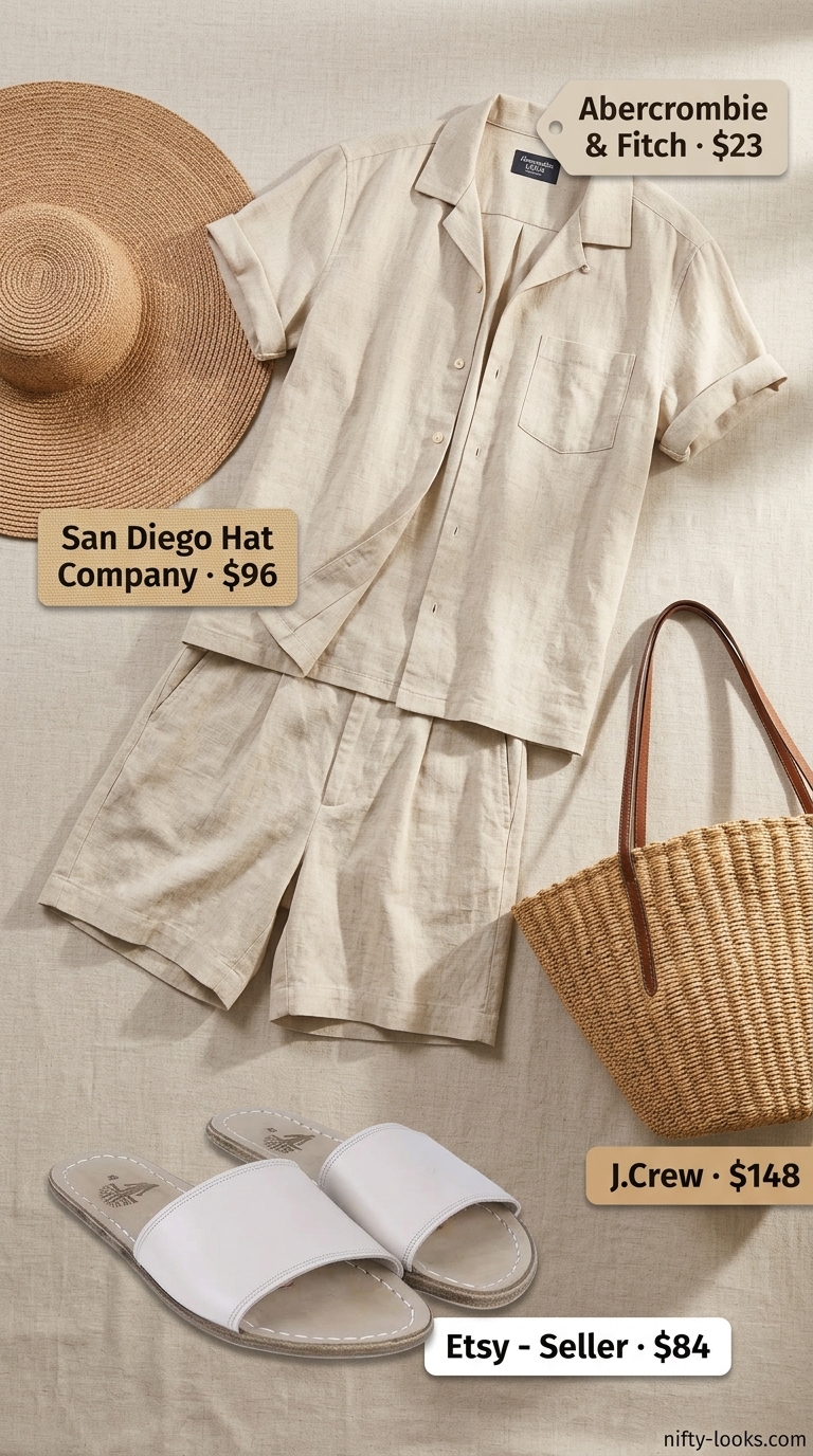 Beige linen shorts set, cream sandals, straw hat. Relaxed neutral quiet luxury summer outfits for women 2026.
