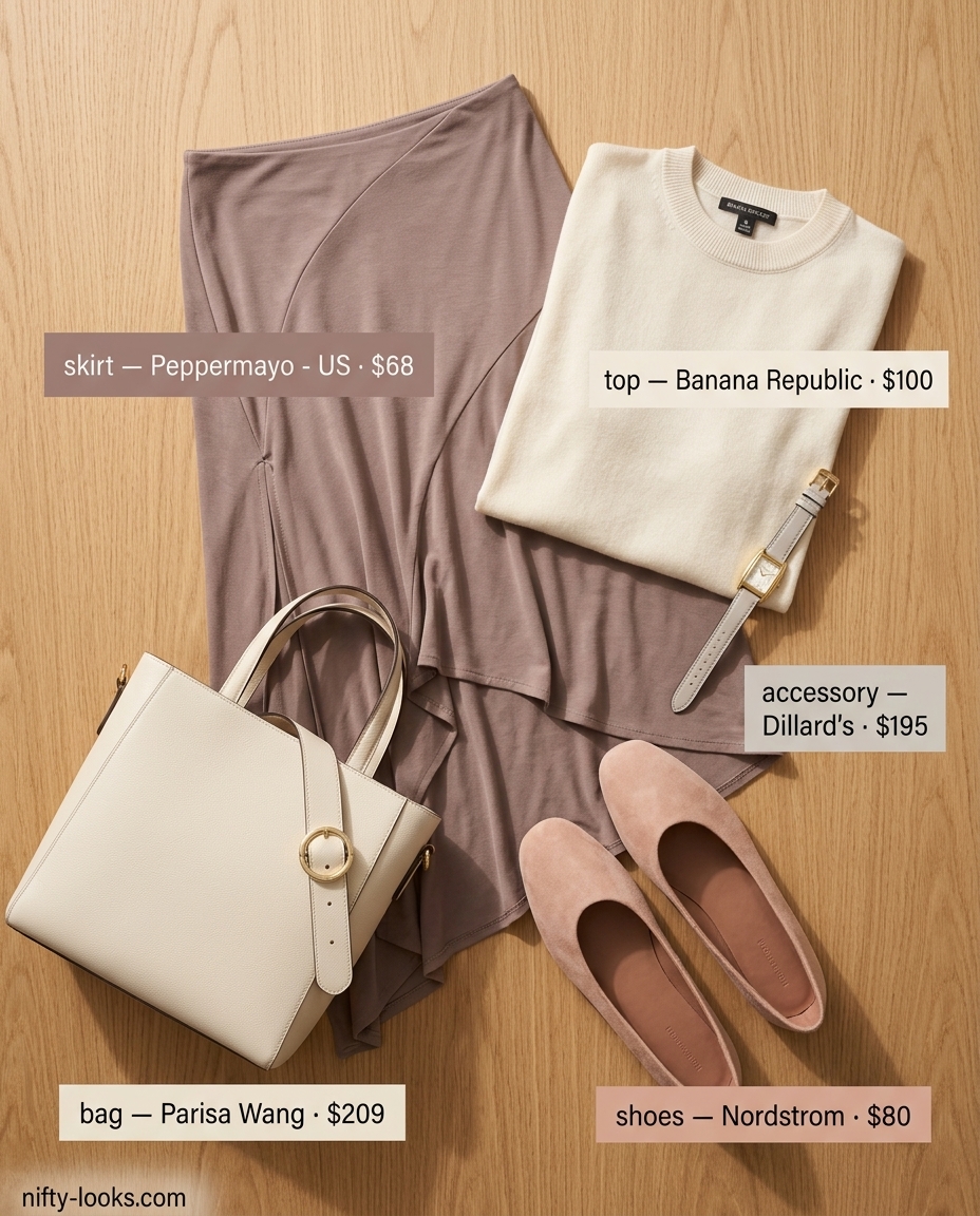 Taupe midi skirt, cream knit top, nude flats. Chic neutral quiet luxury summer outfits for women 2026.
