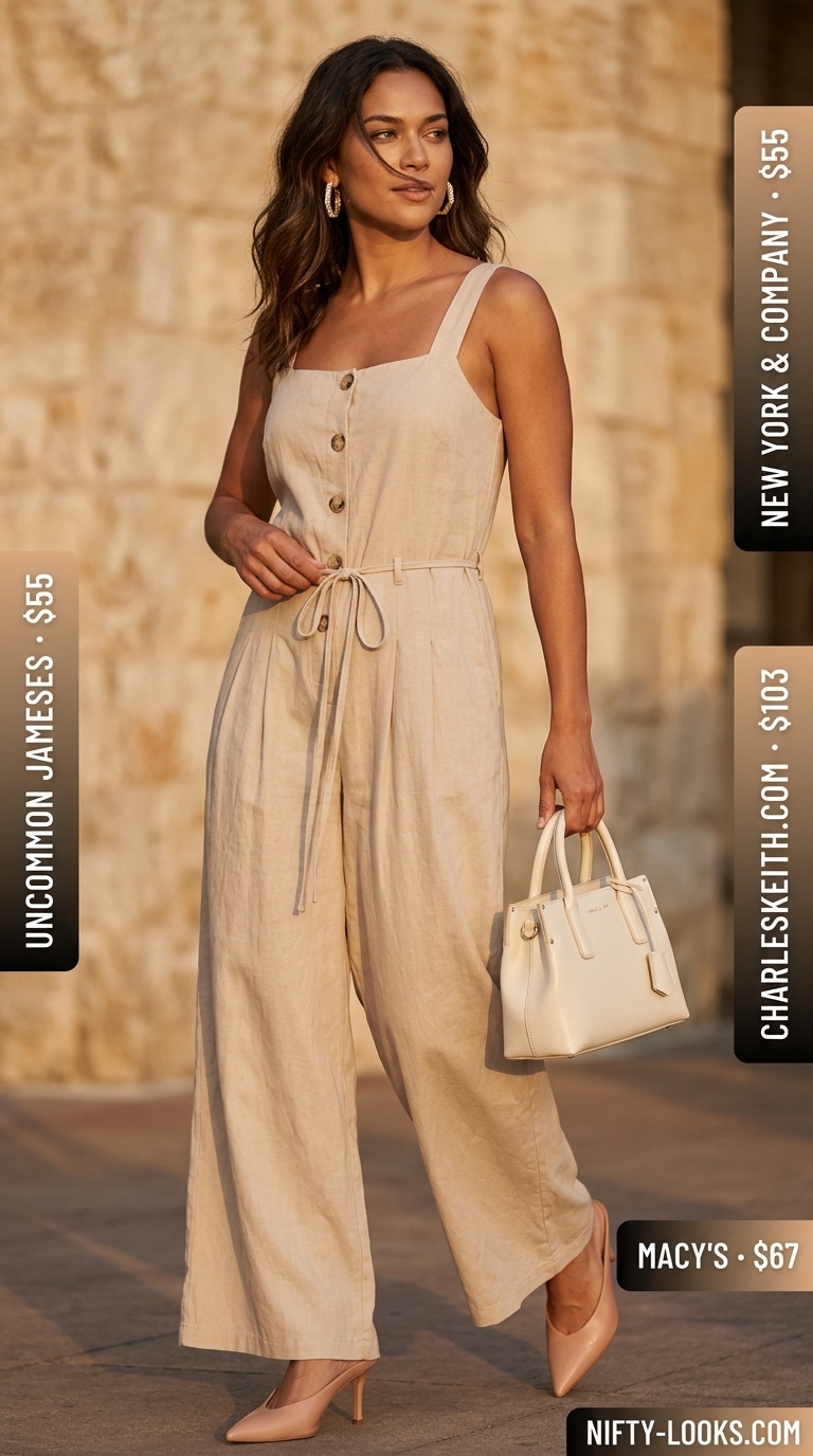Neutral quiet luxury summer outfits for women 2026: Taupe wide-leg jumpsuit, cream mules, structured bag, gold earrings.