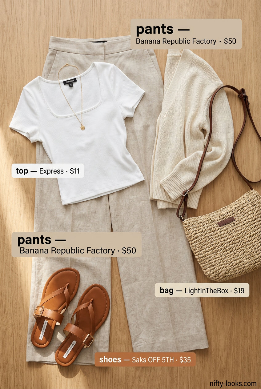 Neutral quiet luxury summer outfits for women 2026: Taupe wide-leg pants, white crop top, tan sandals, gold bracelet.