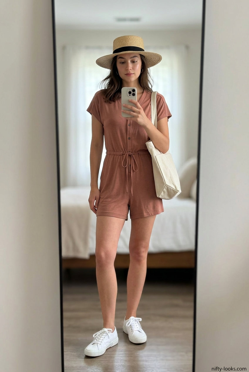Terracotta knit romper, cream tote, straw hat. Casual neutral quiet luxury summer outfits for women 2026.