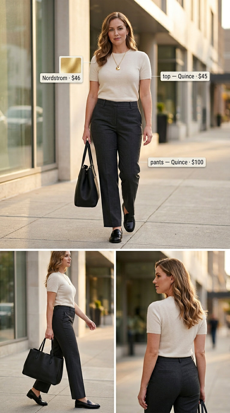 Stone trousers, cream knit top, loafers. Polished neutral quiet luxury summer outfits for women 2026.