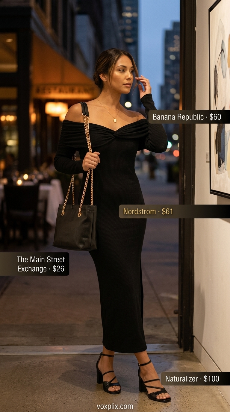 Black jersey knit off-shoulder maxi dress for sleek city nights or an evening art gallery opening in 2026.