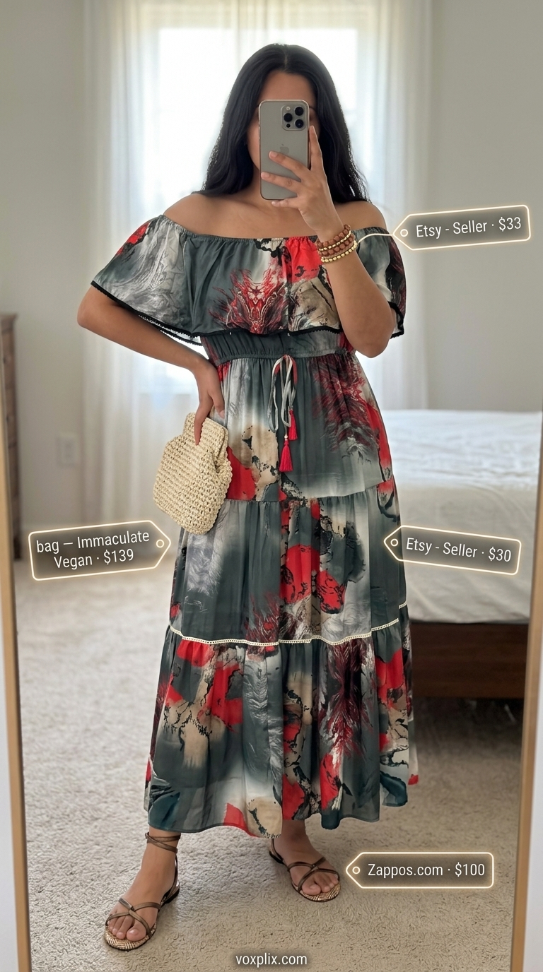 Coral & teal abstract print off-shoulder flowy maxi dress, bronze sandals, beaded bracelet, straw clutch.