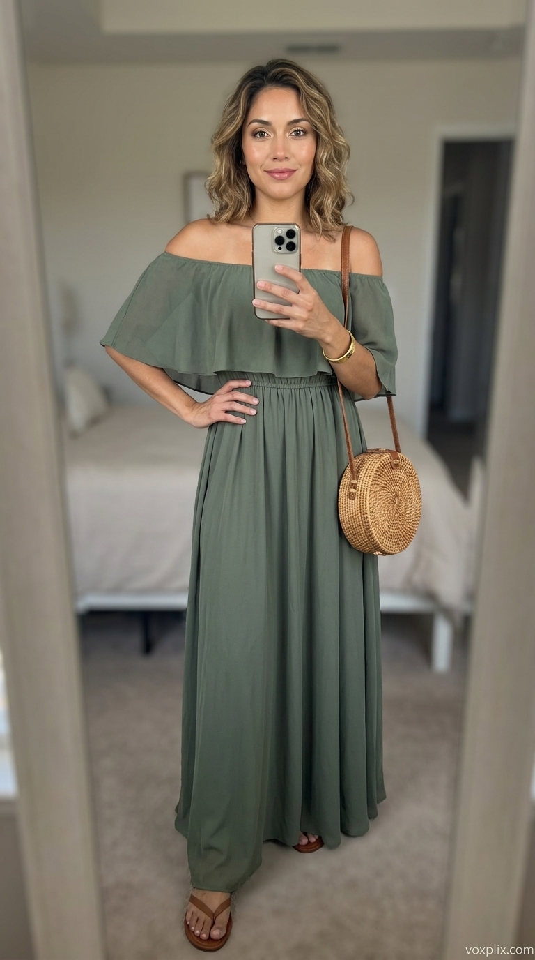 Olive green linen blend off-shoulder maxi dress, leather slides, rattan bag, and gold cuff for desert event.