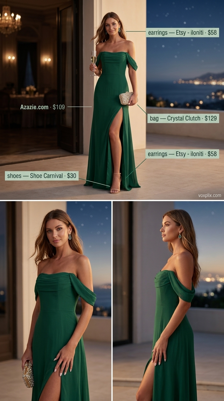 Emerald green ruffled off-shoulder flowy maxi dress, gold stilettos, statement earrings, gold box clutch.