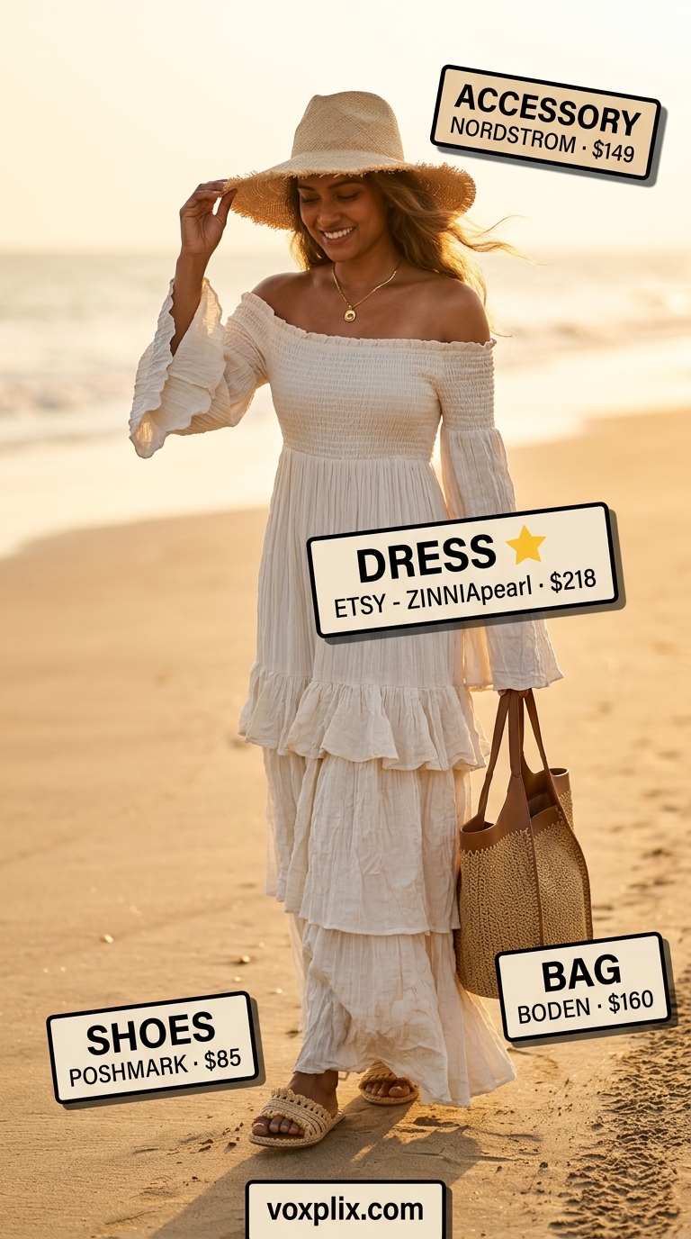 Ivory crinkle cotton off-shoulder tiered maxi dress for a relaxed bohemian coastal breeze look in 2026.