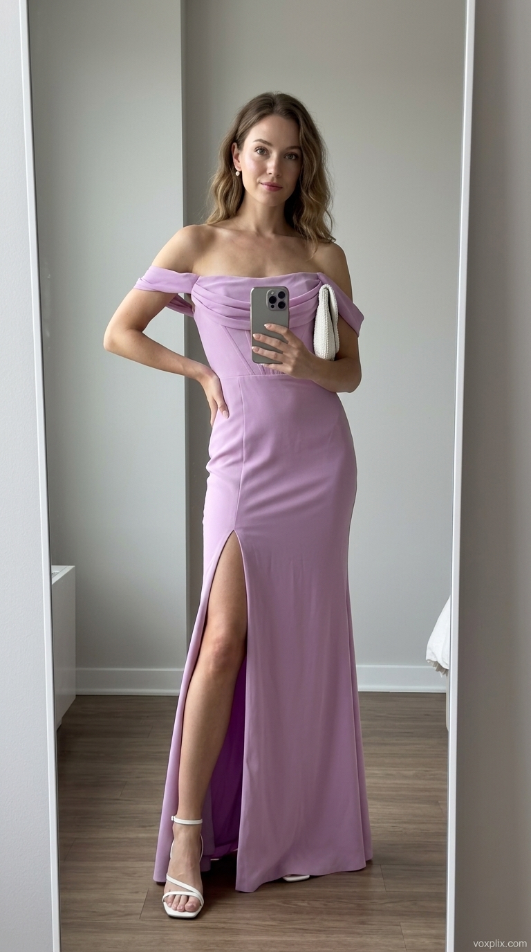 Lavender eyelet lace off-shoulder maxi dress for a romantic garden party or bridal shower in 2026.