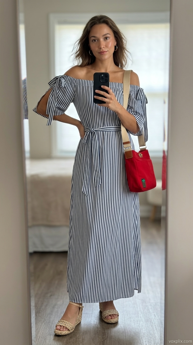 Nautical Riviera Escape: Navy stripe off-shoulder maxi dress, espadrilles, gold hoops, red crossbody bag for vacation.