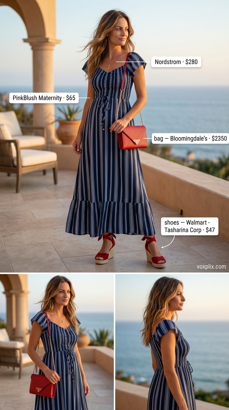 Navy and white striped off-shoulder maxi dress for Mediterranean cruise chic in 2026, styled with red accents.