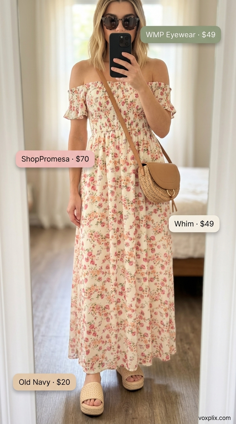 Floral off-shoulder maxi dress for garden party, with espadrilles and straw bag.