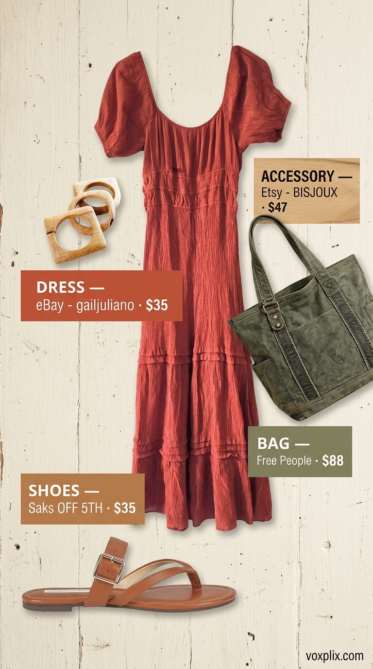 Rust orange off-shoulder flowy maxi dress, wood bangles, canvas tote, and leather slides for market day.