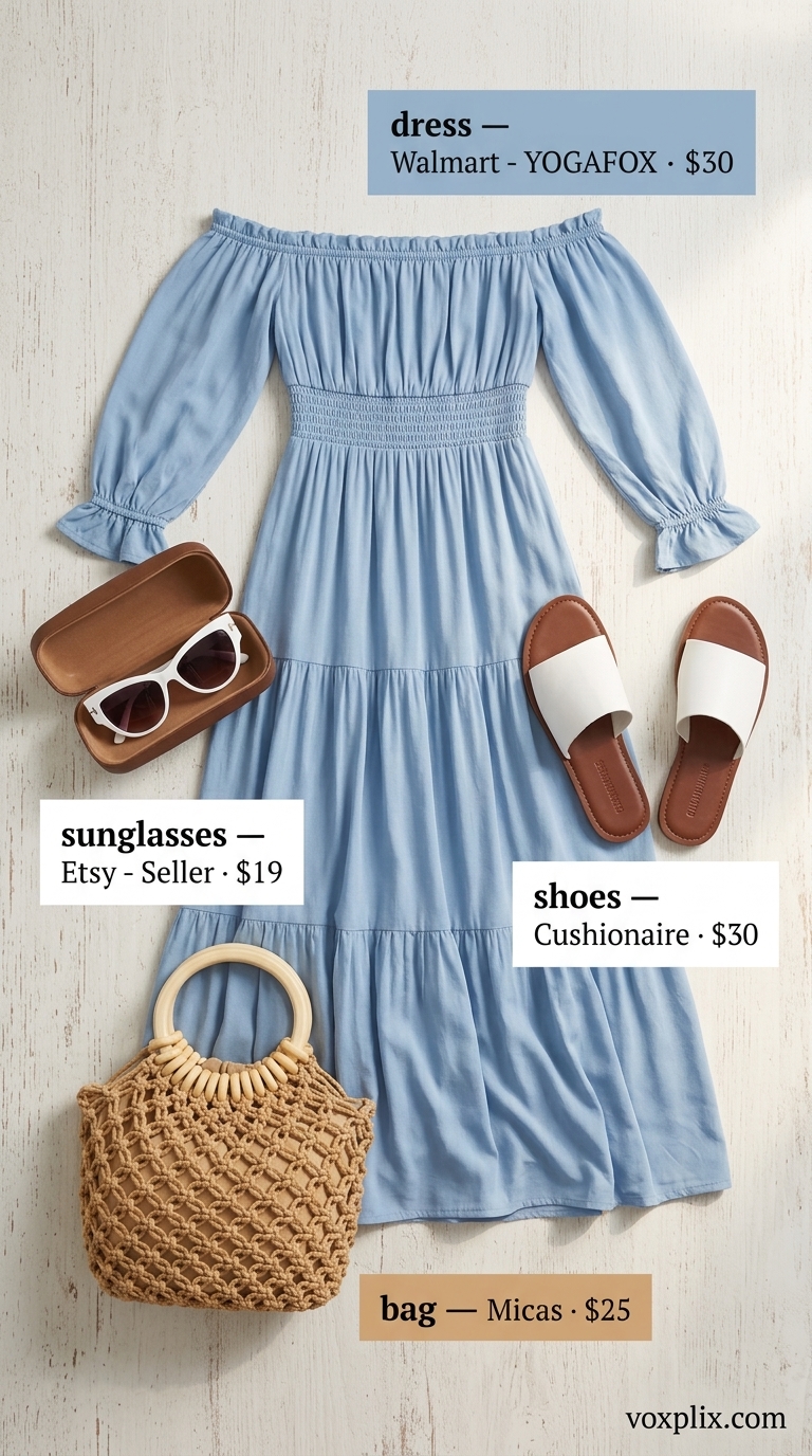 Sky blue off-shoulder maxi dress for beach vacation, styled with white sandals and a straw tote.