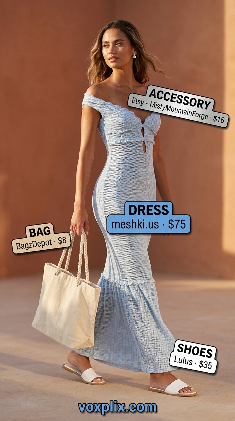 Sky blue off-shoulder maxi dress with smocked bodice for a serene seaside dreamer look in 2026.