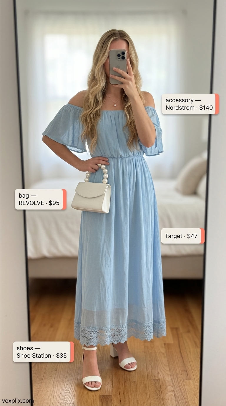 Pale blue eyelet off-shoulder maxi dress for garden party, with block heels and a cream bag.