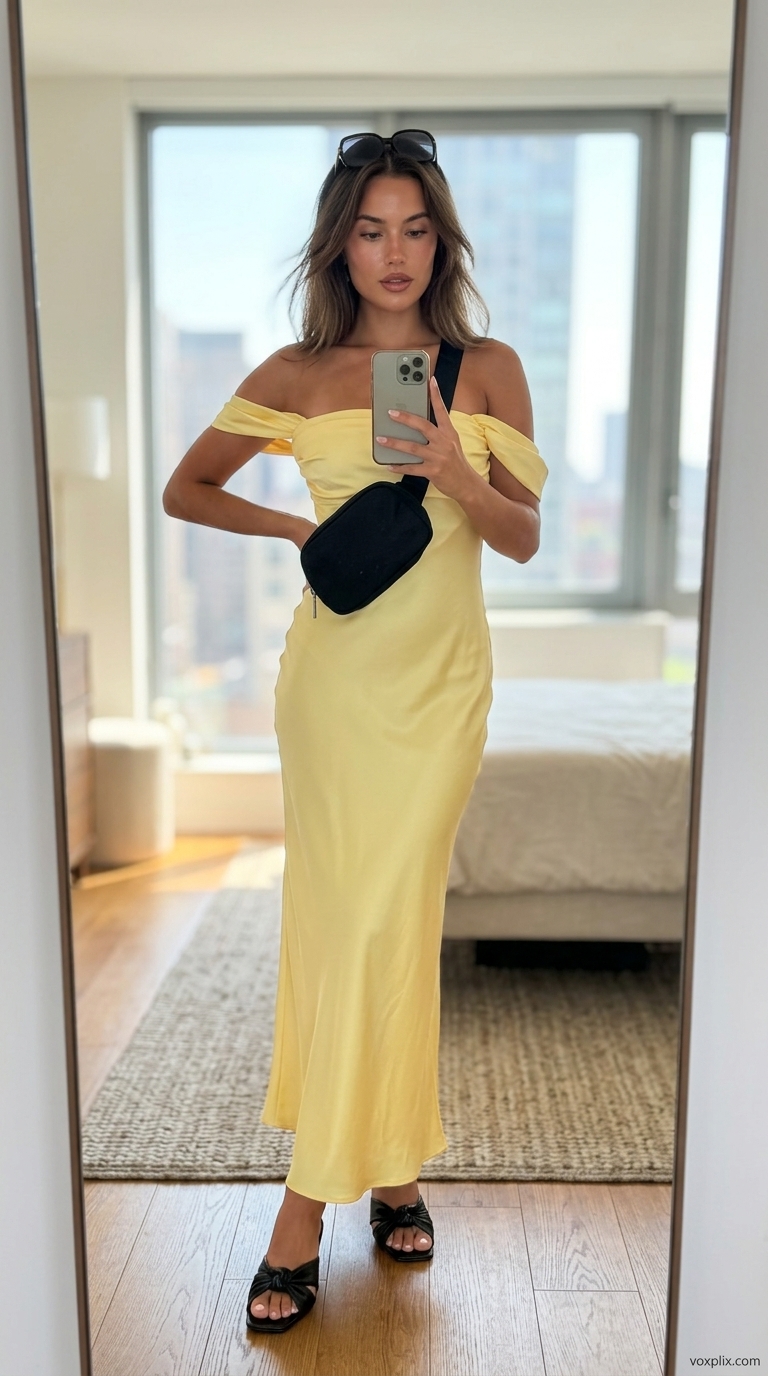 Mustard yellow off-shoulder maxi dress for city sightseeing, with black belt bag and mules.