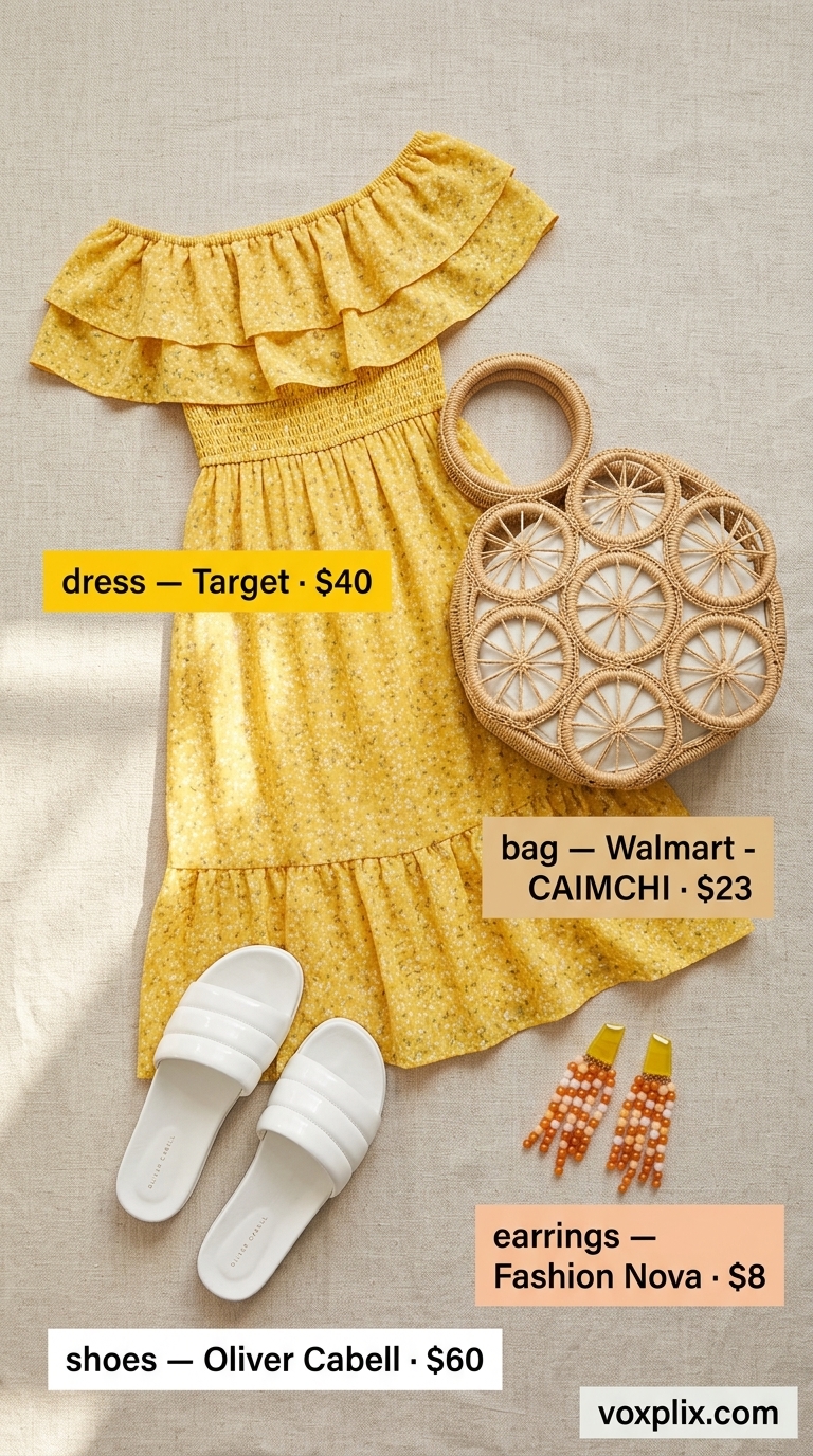 Sunny yellow off-shoulder flowy maxi dress, straw tote, beaded earrings, and white slides for beach day.