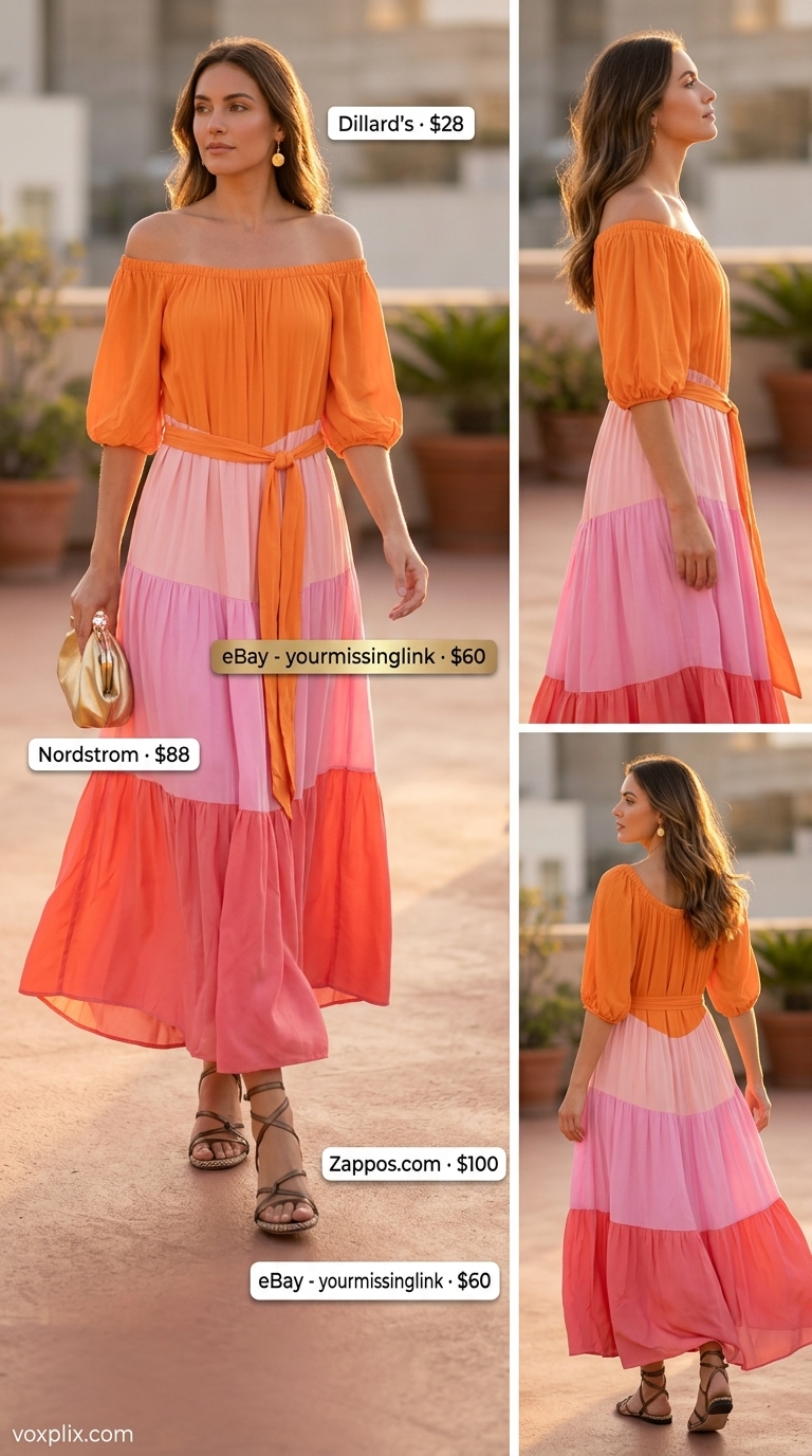Orange to pink ombre off-shoulder flowy maxi dress for date night, paired with gold accessories and bronze sandals.