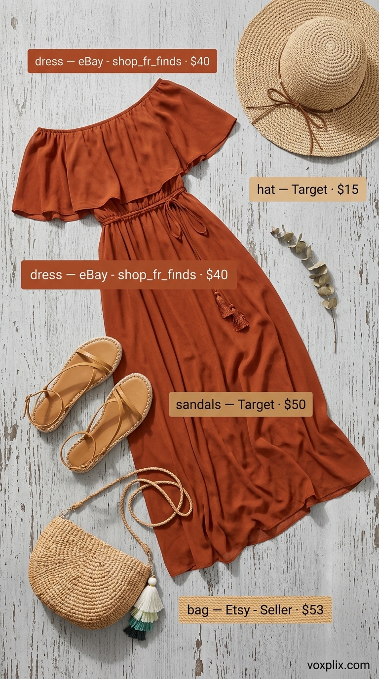 Terracotta crinkle rayon off-shoulder maxi dress for a bohemian desert bloom look at festivals or markets in 2026.