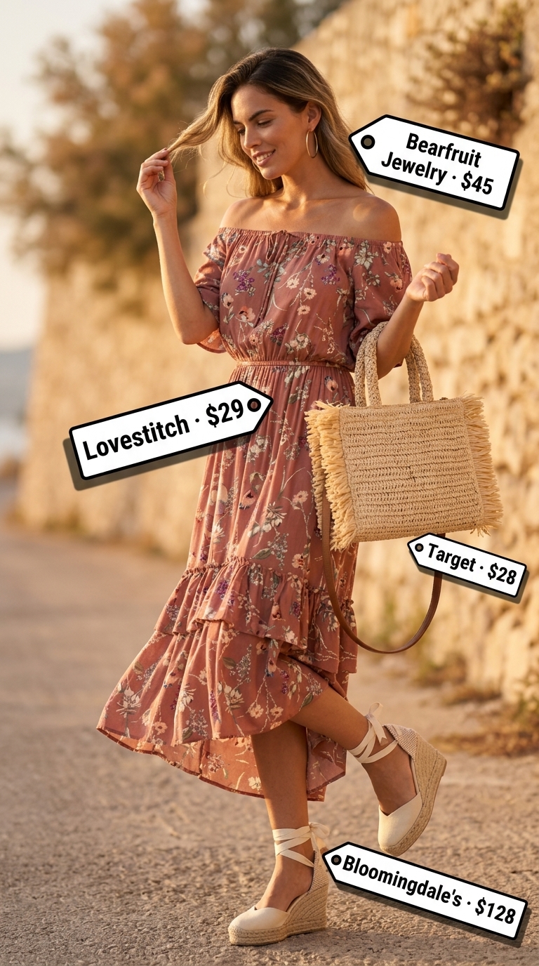 Terracotta floral print off-shoulder maxi dress for a warm, romantic outdoor dinner or date night in 2026.