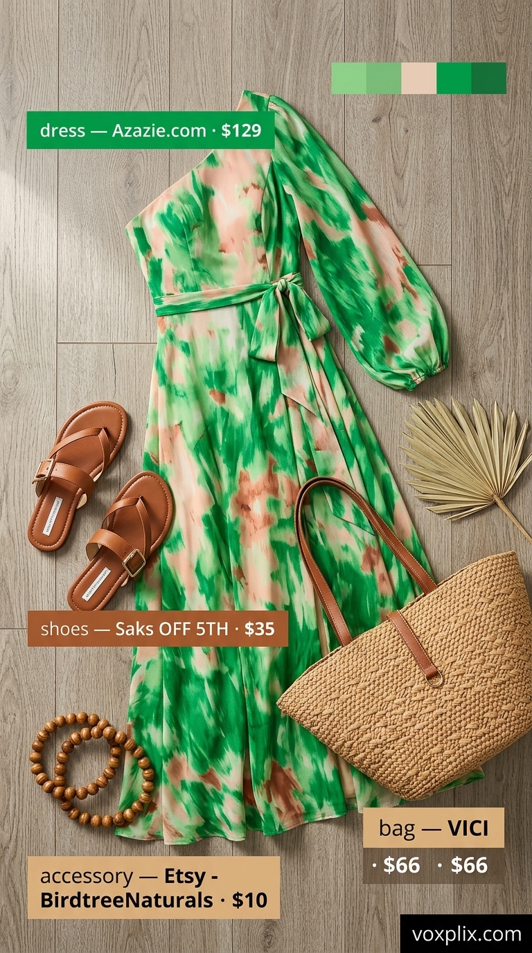 Green tropical print off-shoulder maxi dress for resort vacation, with brown sandals and straw tote.