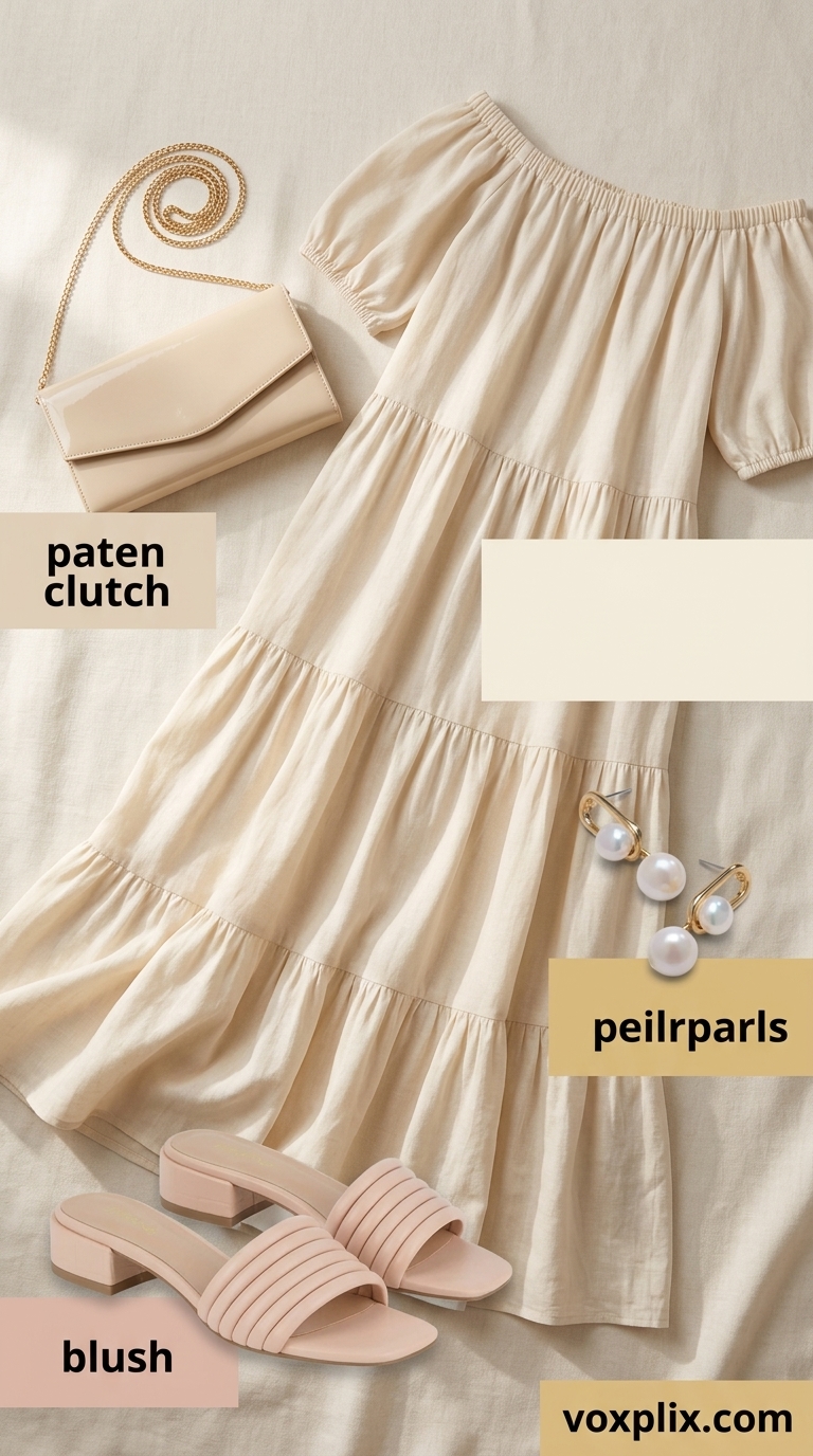 Cream off-shoulder tiered maxi dress for garden party, with nude sandals and gold earrings.