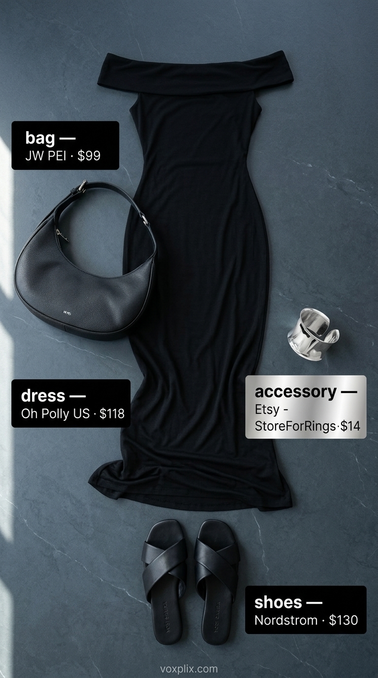Sleek black off-shoulder flowy maxi dress, minimalist sandals, shoulder bag, and silver cuff for city dinner.