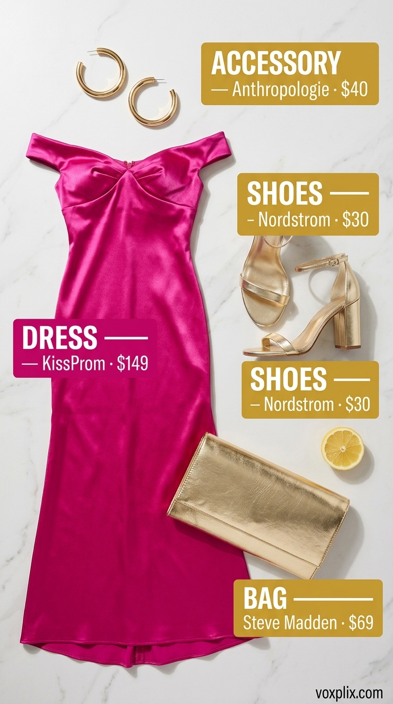 Fuchsia pink off-shoulder satin maxi dress for cocktail party, with gold heels and clutch.