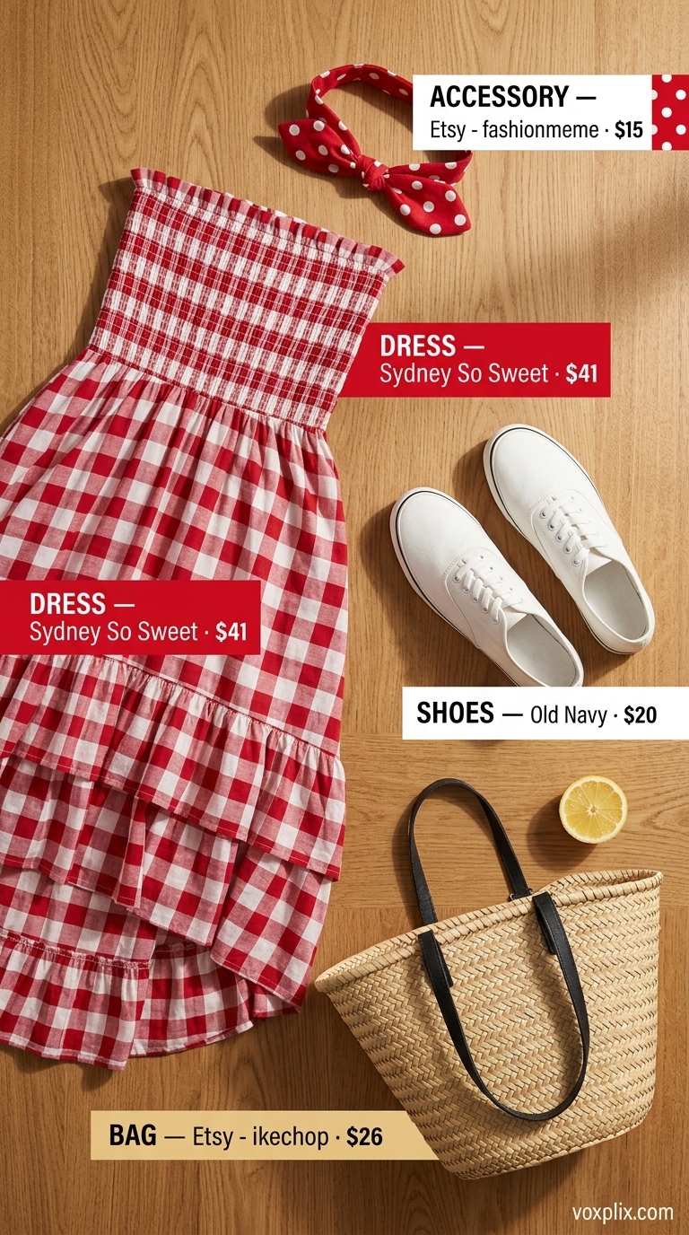 Red gingham off-shoulder flowy maxi dress, white sneakers, straw picnic bag, and bandana for summer picnic.