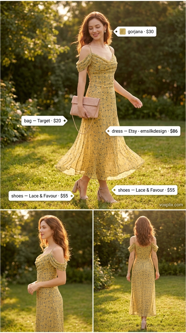 Soft yellow floral print off-shoulder maxi dress for a charming garden party or afternoon tea in 2026.