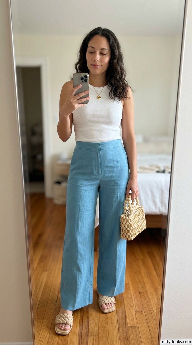 Outdoor dinner outfits summer for women 2026: Sky blue linen pants with white ribbed tank for a relaxed vacation dinner.