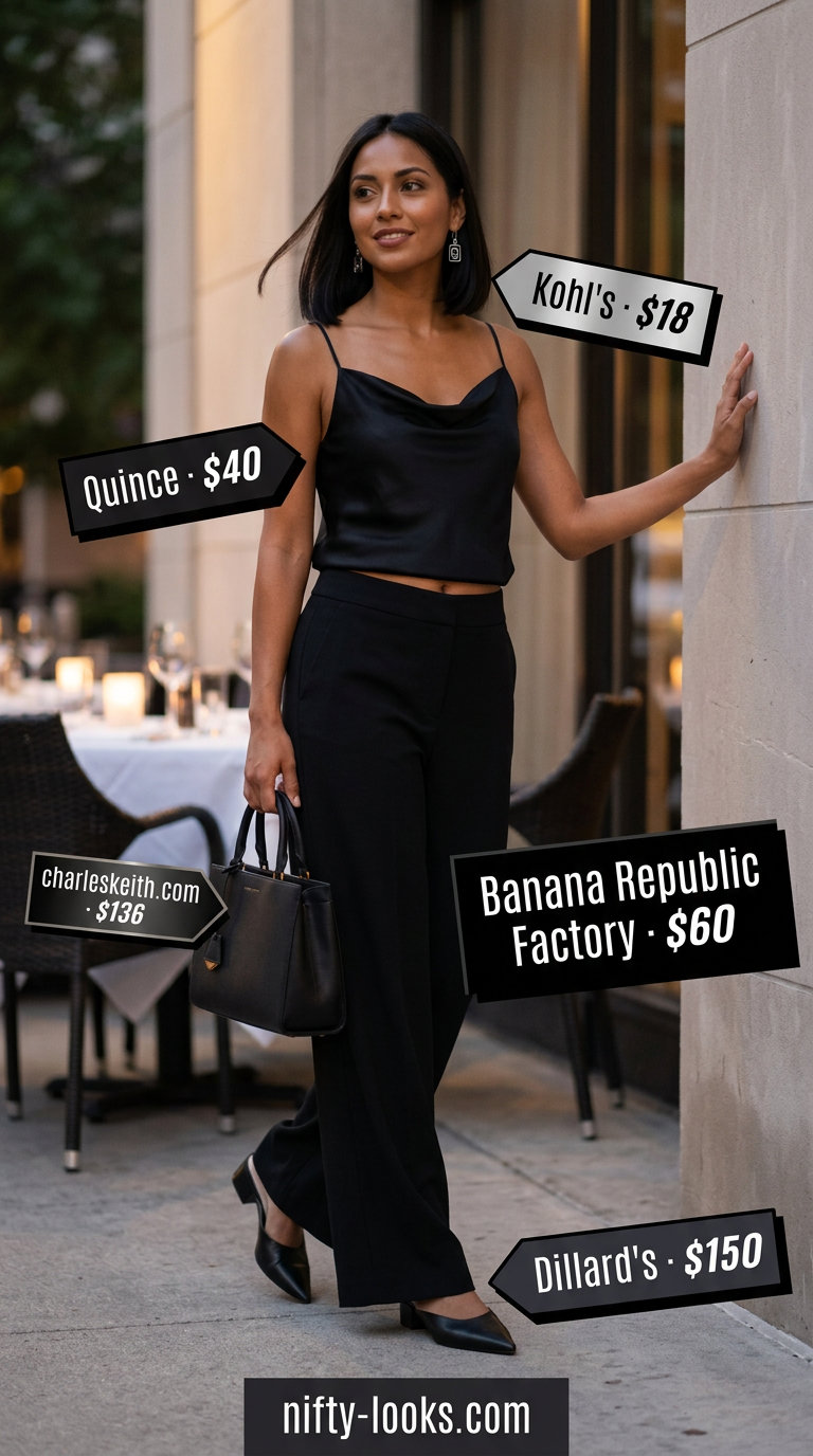 Black wide-leg trousers and ivory camisole for outdoor dinner outfits summer for women 2026. Sophisticated monochrome look.