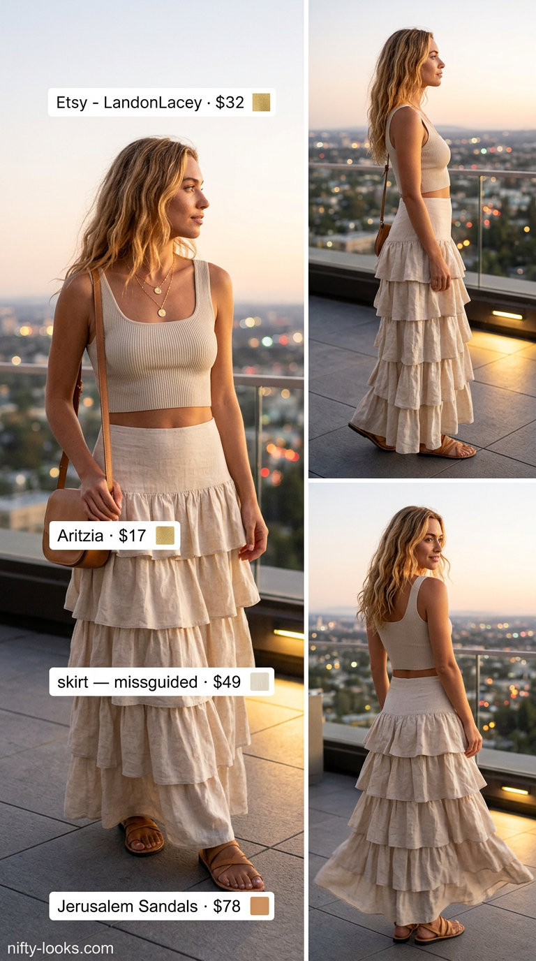 Outdoor dinner outfits summer for women 2026: Terracotta tiered maxi skirt, cream crop top, straw crossbody bag, and strappy sandals.