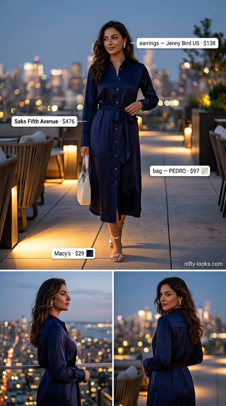 Outdoor dinner outfits summer for women 2026: Silky navy mini shirt dress for a glamorous date night.