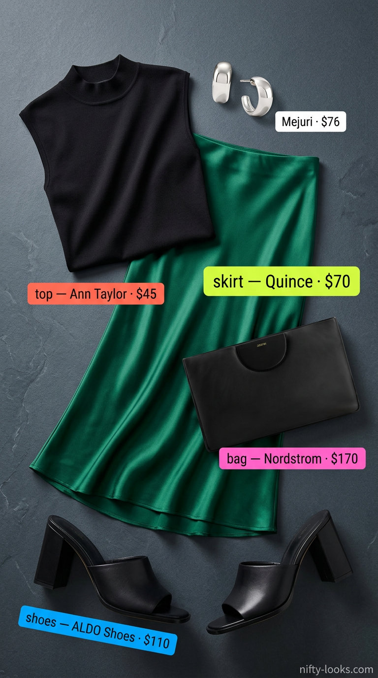 Outdoor dinner outfits summer for women 2026: Emerald green satin skirt with black knit top for city dining.