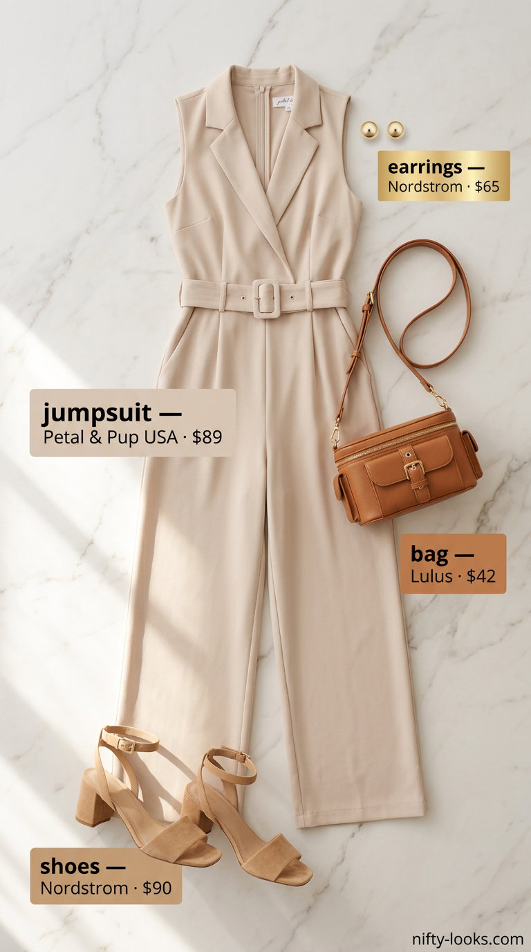 Outdoor dinner outfits summer for women 2026: Sand beige jumpsuit for a sleek desert resort dinner.