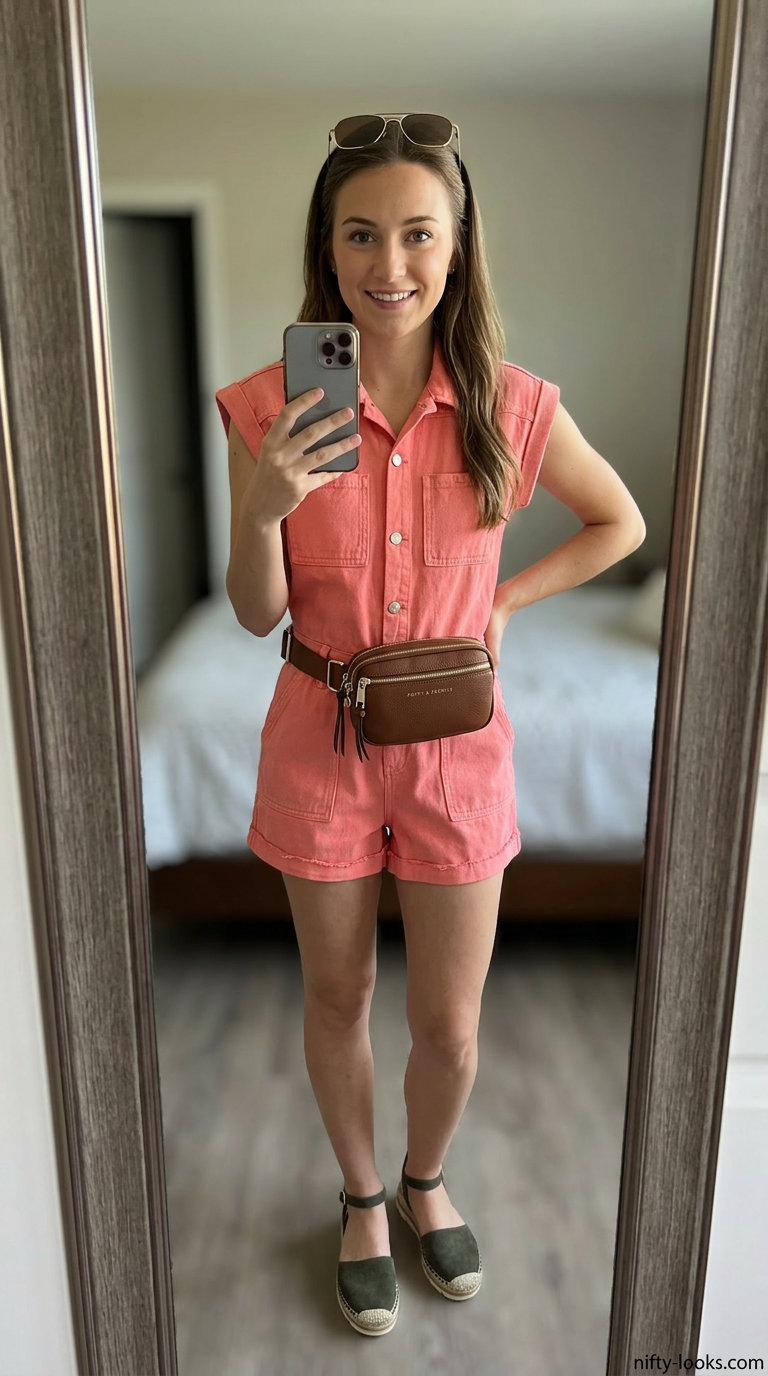 Dusty pink utility romper for outdoor dinner outfits summer for women 2026. Casual vacation style.